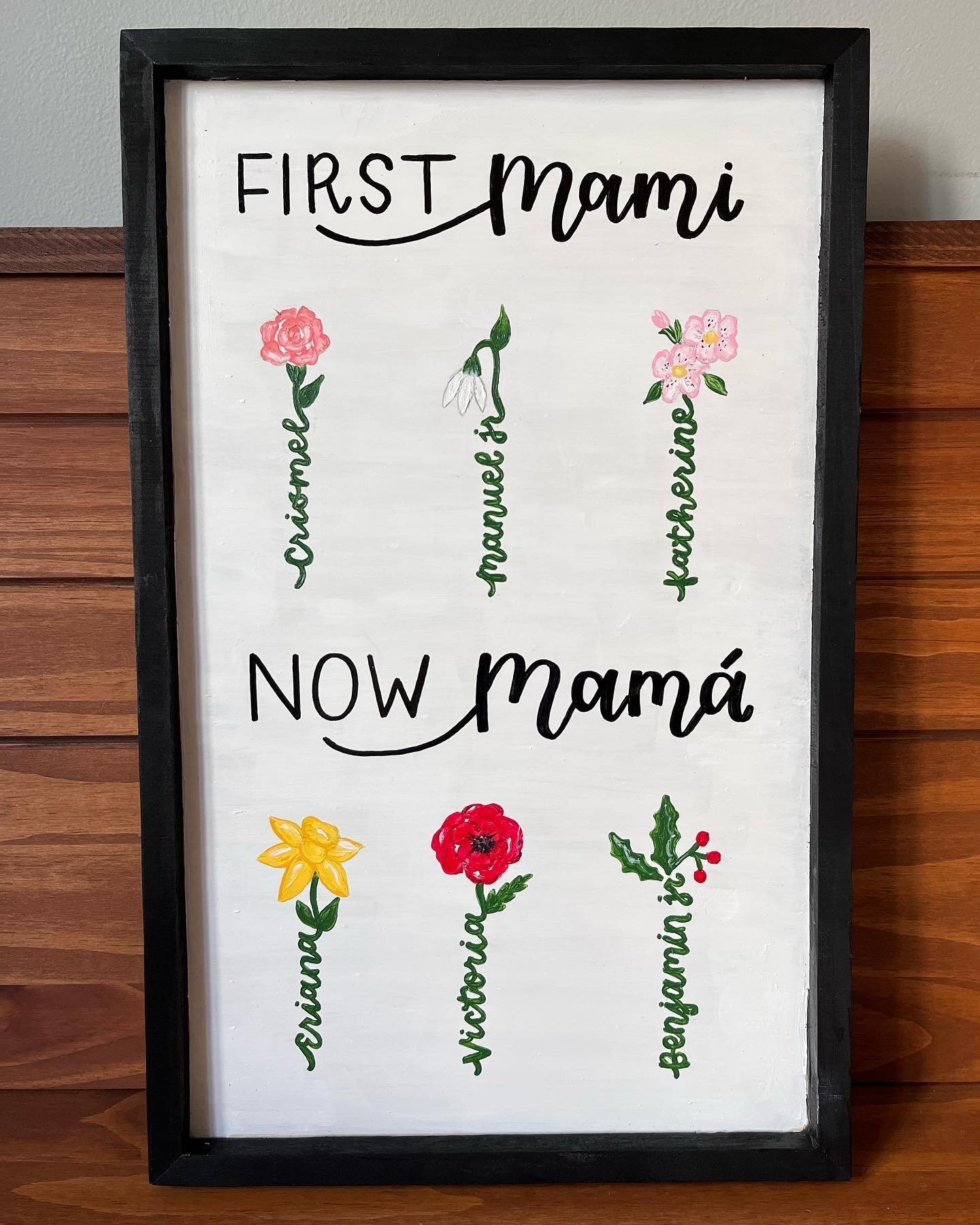 A Mother&rsquo;s Day gift with the birth flowers and names of a mother&rsquo;s children and grandchildren. Found this idea on Pinterest for inspiration 💐 
.
.
.
#mothersday #mama #handpainted #birthflower #handlettering #fyp #foryou #explorepage #ex