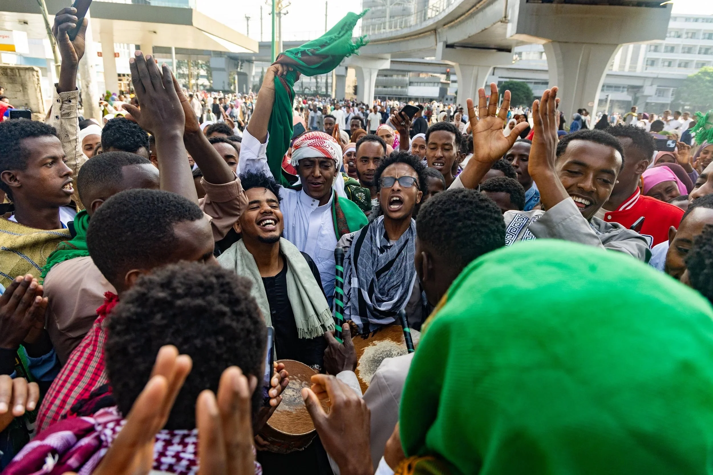  A crowd chants song after prayers during the Islamic holiday Eid-al-Adha in Addis Ababa, Ethiopia on June 5, 2025. 