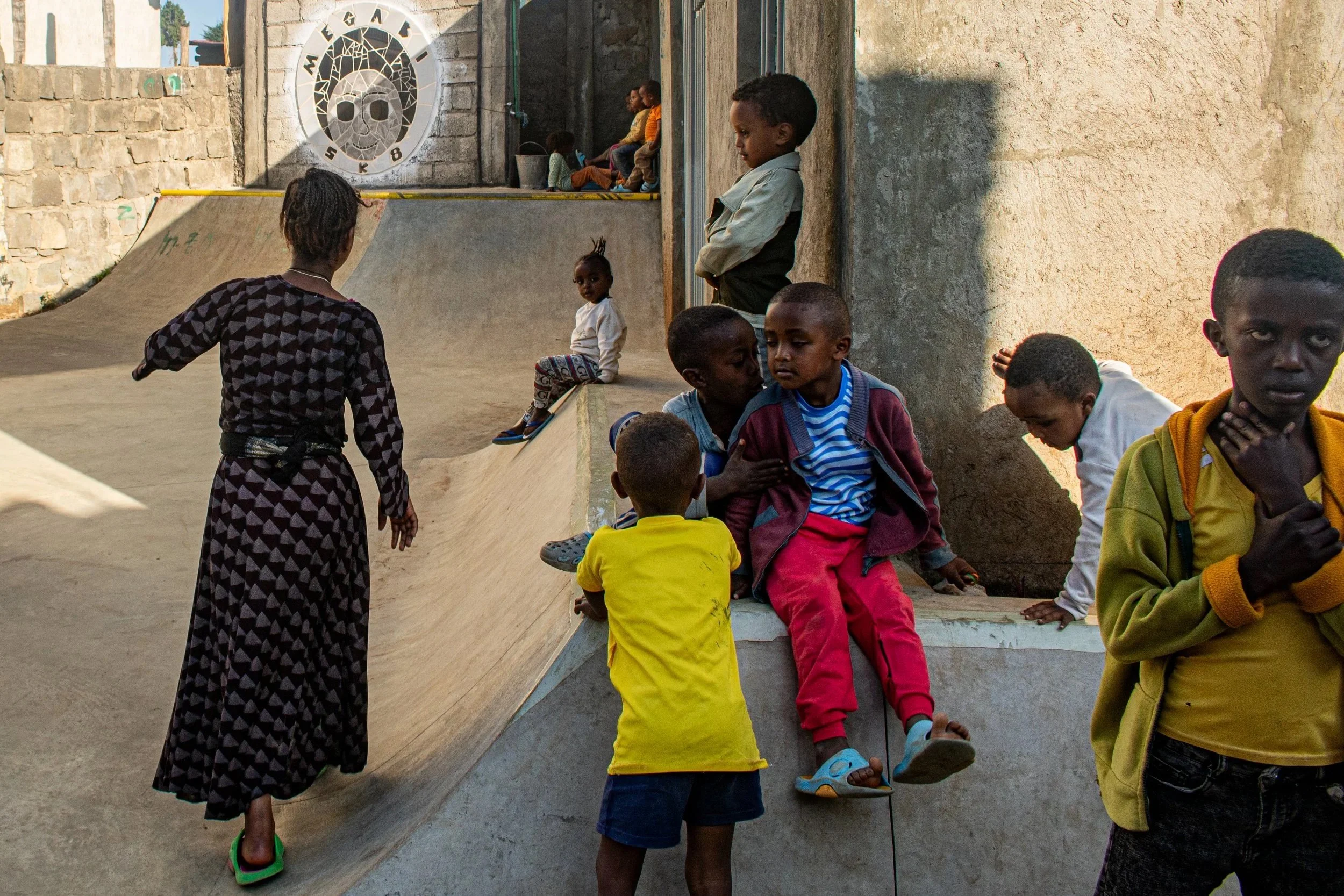  Children skating at the Megabi Skatepark in Addis Ababa, Ethiopia on February 17, 2024. 
