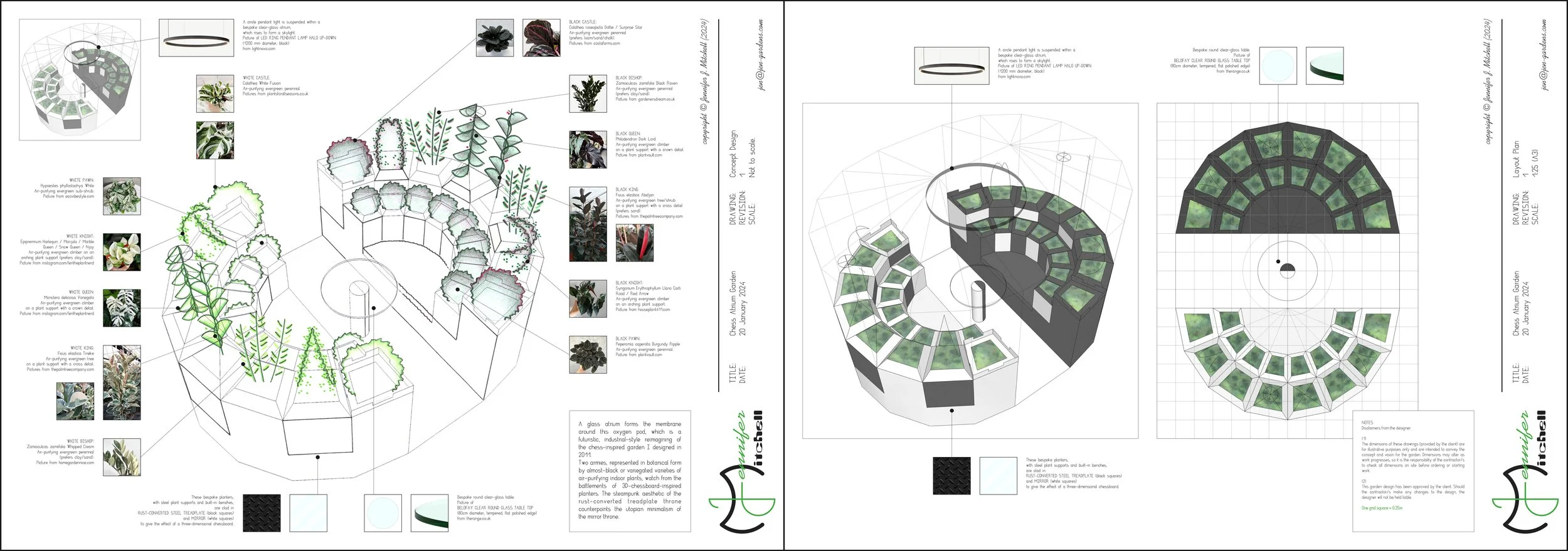 A glass atrium forms the membrane around this futuristic, steampunk / industrial-style chess-inspired indoor concept / show garden design, which contains air-purifying plants.