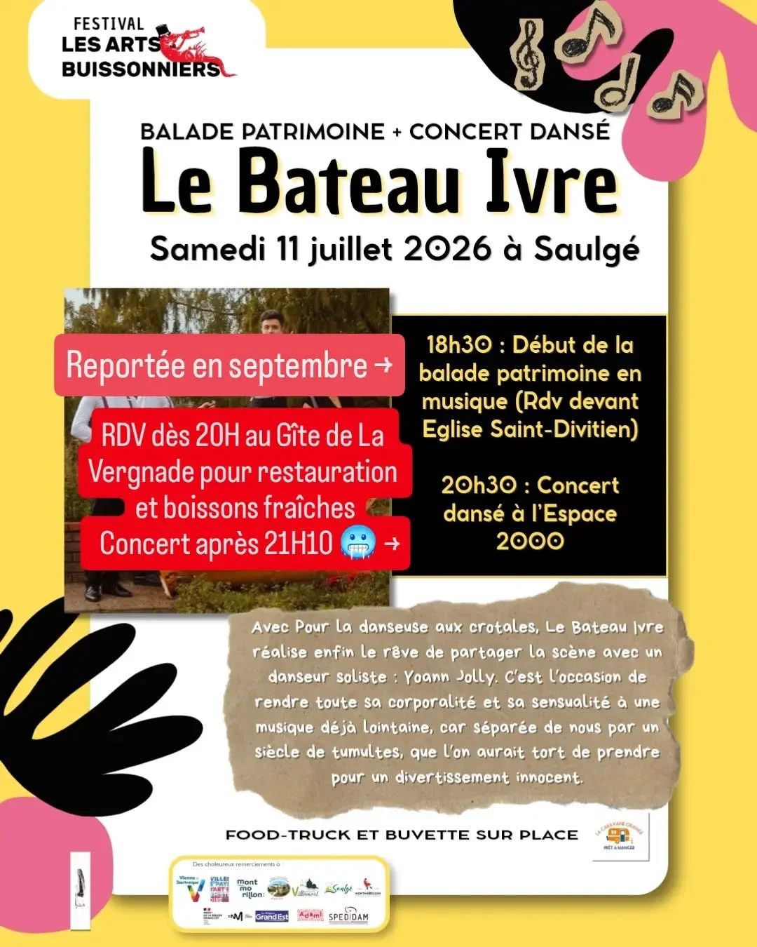 🎶 Le concert est maintenu ! 🎶

Bonne nouvelle : le concert du Quintette Le Bateuivre avec Yoann Jolly est bien maintenu &agrave; L'espace 2000 de Saulg&eacute;, mais apr&egrave;s 21h, temp&eacute;rature oblige.

⚠️ En revanche, en raison des condit
