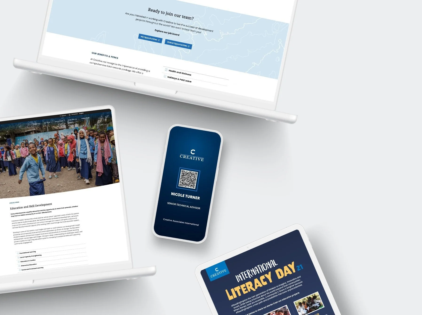 Laptop, smartphone, and tablet displaying educational content and job application information, with an email design about International Literacy Day in the foreground.