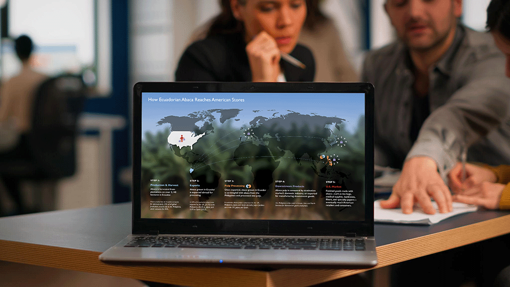 Laptop computer on table displaying a supply chain process infographic about Ecuadorian Abaca, with people in the background working and discussing.