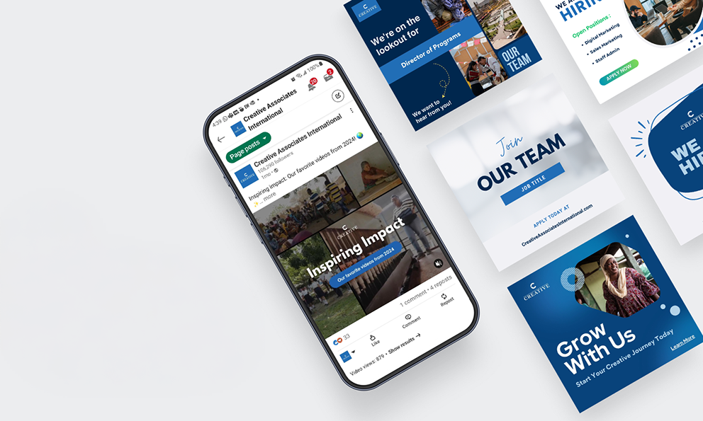 Smartphone displaying a company social channel alongside various designs for posts with job recruitment and team building themes.