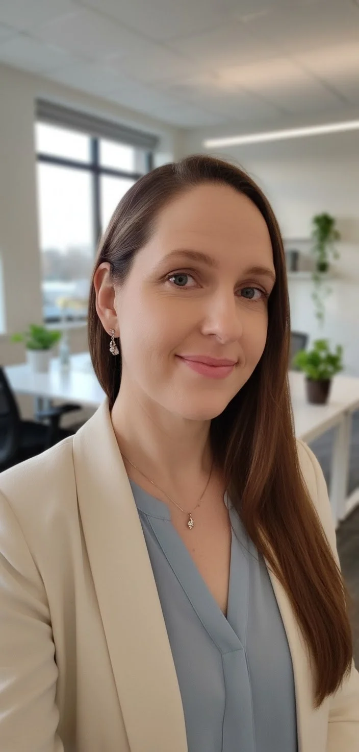 A woman in business attire smiling in an office setting with potted plants, desks, and large windows in the background.