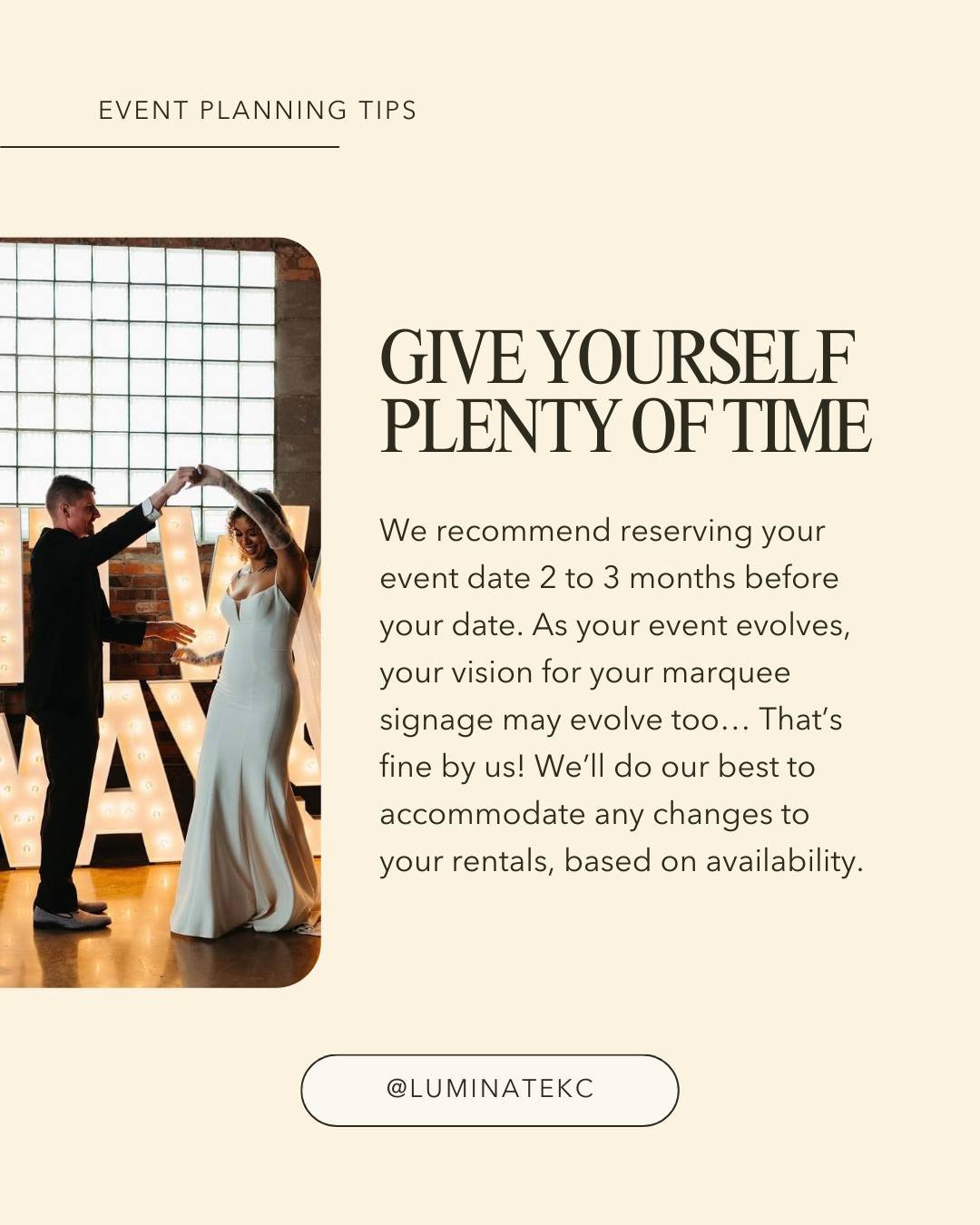 We've learned a lot over the years, so we're sharing a bit of our event planning wisdom with you!  Take your time, set yourself up for stress-free planning. 

Visit Luminatekc.com to learn more or reserve your letters 💡

#kansascity #marqueelightren