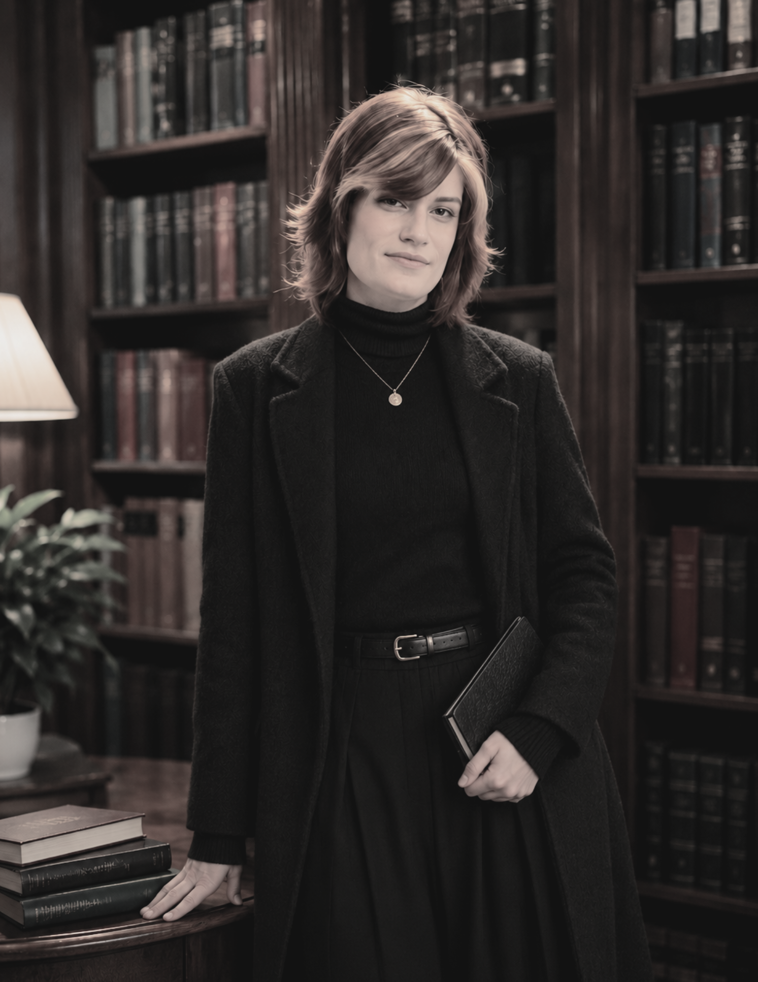 Stef, standing in library in a layered black outfit, holding a book