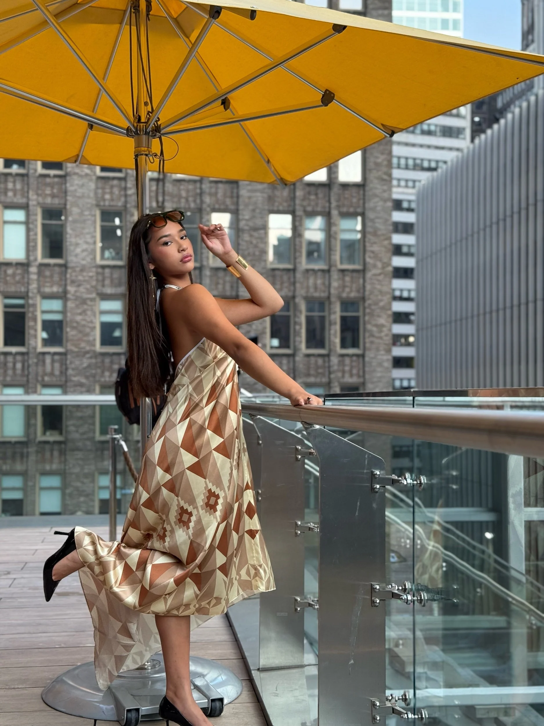 Limited Edition: Halter neck Silk Dress: Brown Geometric