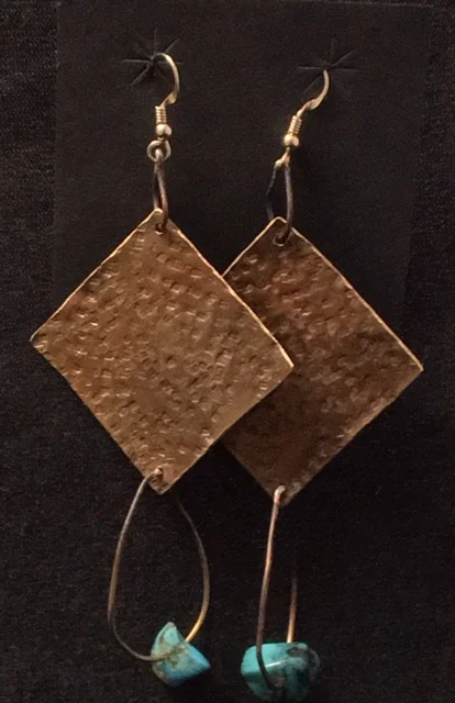 Brass and Kingman Turquoise Hand Stamped Diamond Earrings