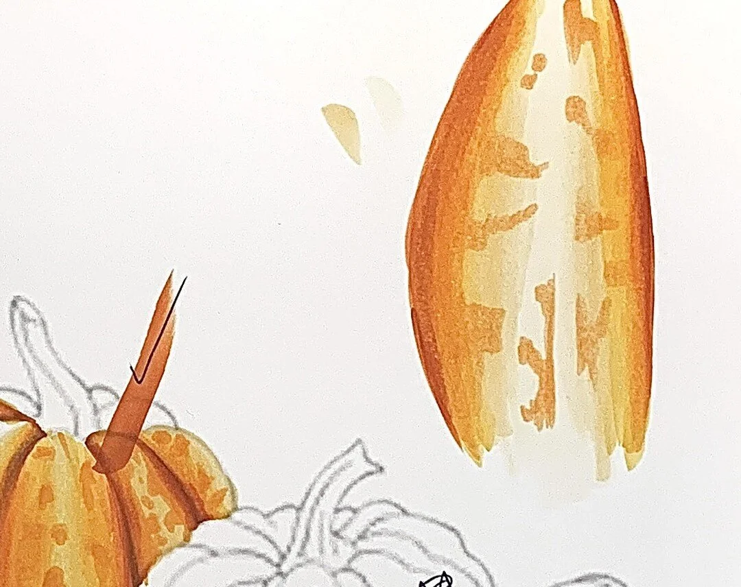 This is what happens when you don't color for 10 months :D But i promise I am never moving again !! 
I am working on these pumpkins and I discovered this:
* My flicks are short and stubby
* I cant remember which markers underpaint what
* My speed is 