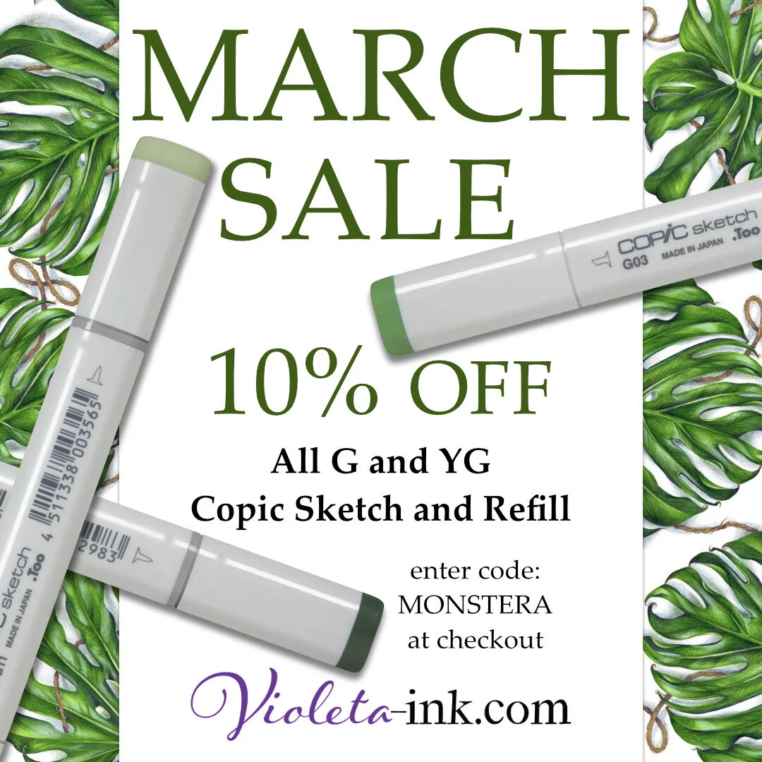 Violets are green.. or how does it go? Get all your greens with out March 10%Off Code MONSTERA at Violeta-Ink.Com
#copic #copics #copicart #copiedpost