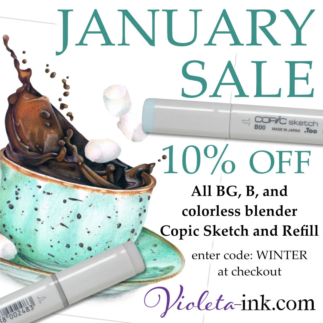 Happy New Year ! We start Violeta Ink Monthly discounts with our best sellers. B and BG family and also Colorless Blender. Violeta-Ink.com  #copic #copicart #copicmarker #copicartist #copicsketch #copiccoloring #copiccoloringforcardmakers #copicmarke