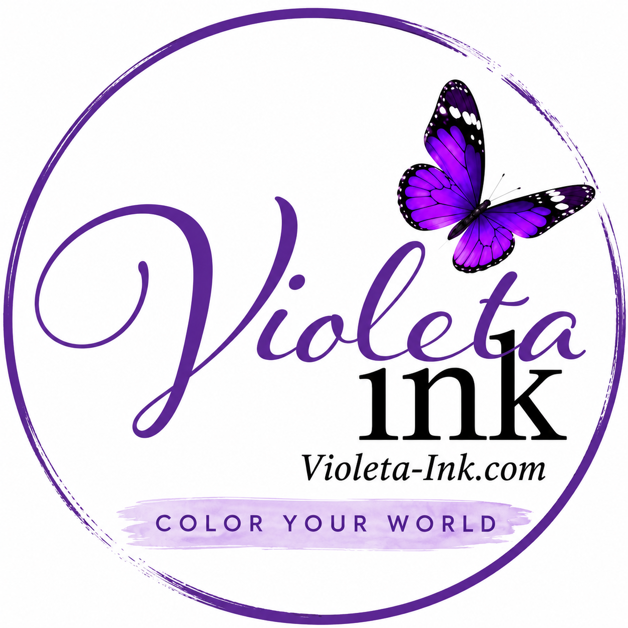 Violeta Ink logo with a purple butterfly and the text 'Violeta Ink, Violeta-Ink.com, Color Your World'