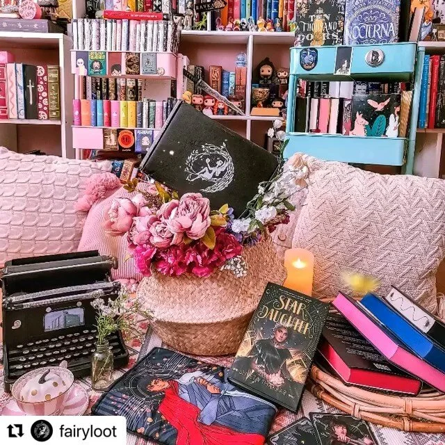 Anddd time to reveal another STAR DAUGHTER secret! It was the featured @fairyloot book for the August &ldquo;Let the Games Begin&rdquo; box and got beautiful signed starry endpapers, shimmering gold sprayed edges, and gorgeous reverse dust jacket art of Sheetal and Dev by @bxromance (who also illustrated my author letter). Swipe through to see the splendor! 😍😍😍✨✨✨

#Repost @fairyloot with @make_repost
・・・
Hello fairy friends! We hope everyone had a lovely weekend. 😊 Today is the start of the August photo challenge and the readalong for our featured book of the month: Star Daughter by Shveta Thakrar.
🖤
We cannot wait to read this absolutely stunning book with you all and we&rsquo;d love to hear your thoughts! Tag us in your stories and don't forget to comment on the readalong posts on the community page - you could be in with a chance of winning a free FairyLoot box too!
🖤
This gorgeous edition of Star Daughter has shimmery sprayed edges, signed endpapers and art on the reverse of