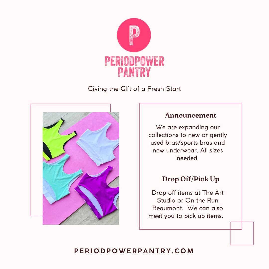 We are now collecting bras/sports bras and new underwear! 🙌🏼⁠
⁠
⁠
#periodpowerpantry #periodpower #periodpacks #periodequity #menstruationmatters #normalizeperiods #keepgirlsinschool #girlpower #setxperiodequity #setxperiodpantry⁠