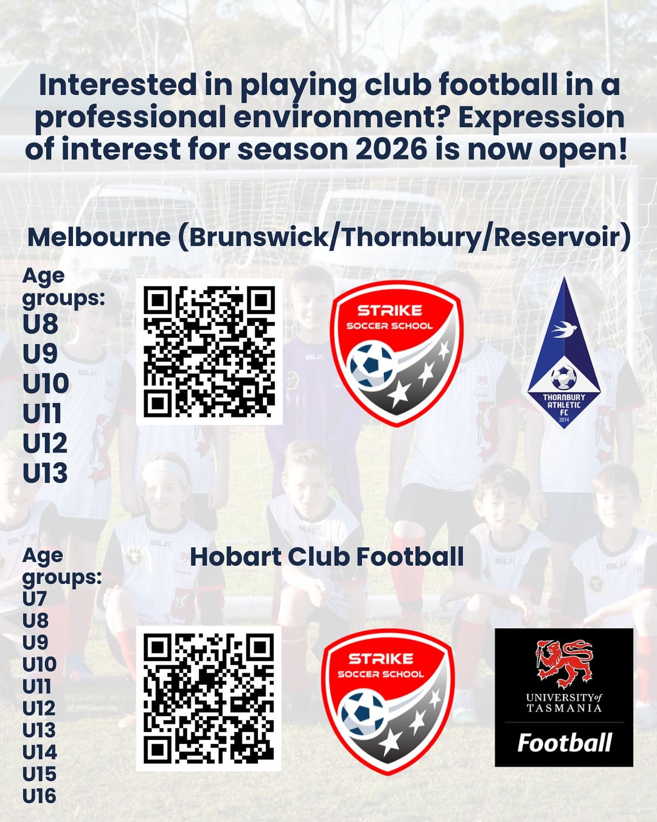 Join our professional club teams in Hobart &amp; Melbourne for season 2026.

Express your interest early ⚽️⚽️

Head to strikesoccerschool.com to learn more.