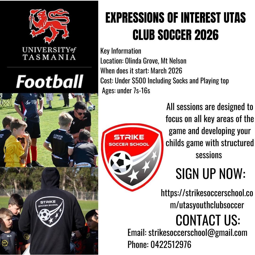EXPRESSION OF INTEREST FOR PARENTS AND COACHES. Hobart, we&rsquo;ve now opened EOI for next season. Get in early and put your name down! 💪⚽️

Visit our website (in bio) to learn more or contact us!

Ph. 0422 512 976
E. strikesoccerschool@gmail.com