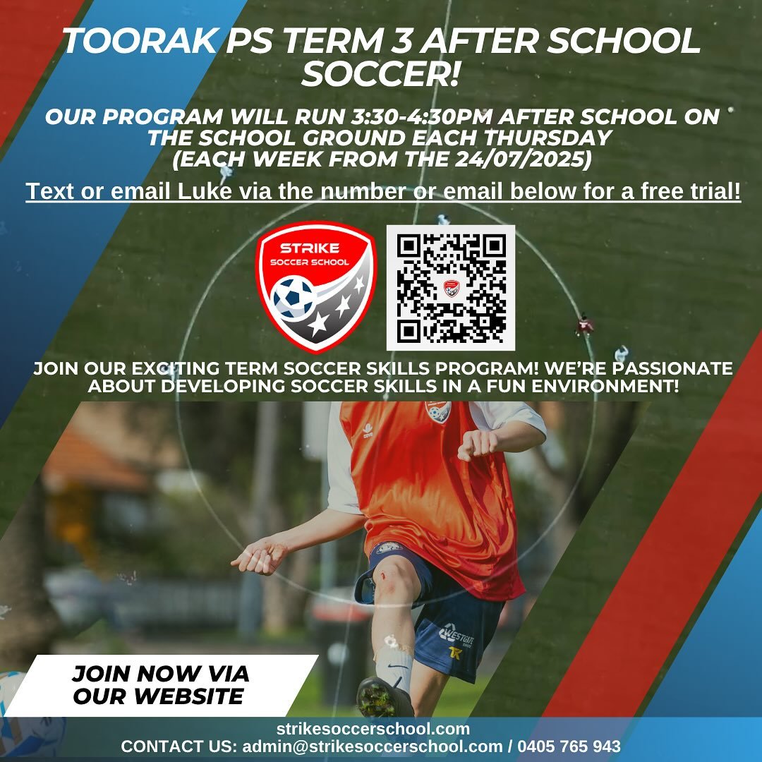 TERM 3 IS SOON APPROACHING! 
Join us for our exciting term 3 after school soccer program! 

See our list of partnered schools. SEE YOU THERE 💪⚽️

#melbourne #afterschoolprogram #training #soccer #football #strikesoccer