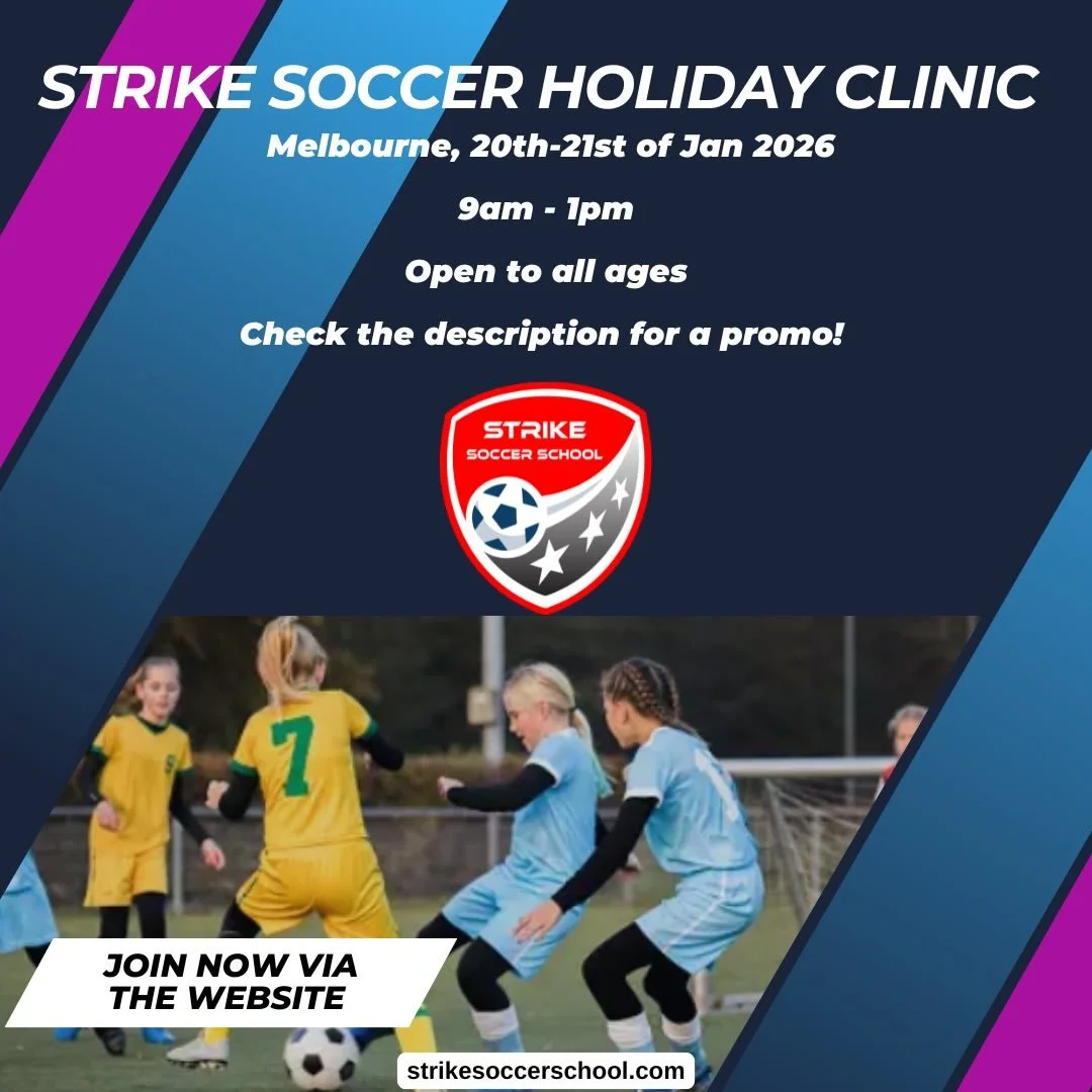 ⚽🔥 STRIKE SOCCER SCHOOL HOLIDAY CLINIC 🔥⚽

📅 June 20&ndash;21
⏰ 9:00 AM &ndash; 1:00 PM

💥 Looking to promote more female ballers in our game, for the girls: 
✅ 40% OFF the clinic when you:
1️⃣ Leave a ⭐⭐⭐⭐⭐ Google review and send us confirmation