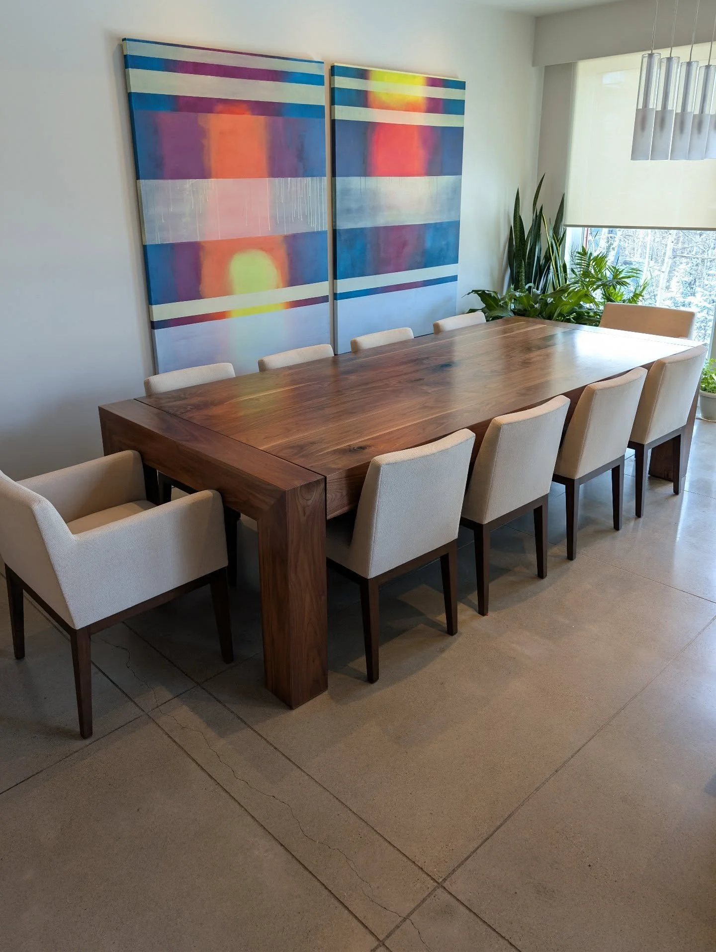 Talk about a beefy table!

Coming in at 112" x 48" this solid walnut table with 6" x 6" water fall mitered legs probably weighs a good 400lbs plus. 😳