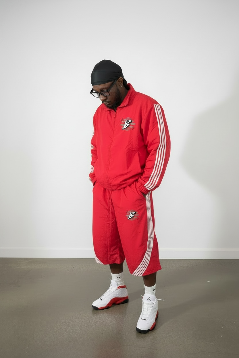 Red Nylon Racer Windbreaker Jacket and Short Set
