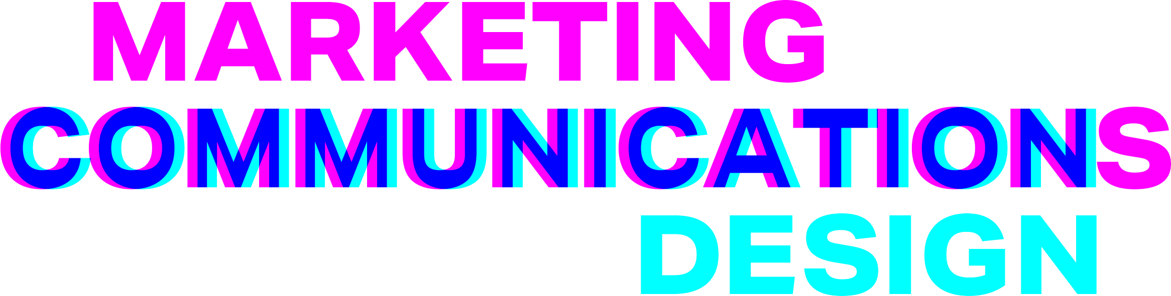 'Marketing Communications' in magenta and 'Communication Design' in cyan with 'Communication' overlapping in the centre in dark blue