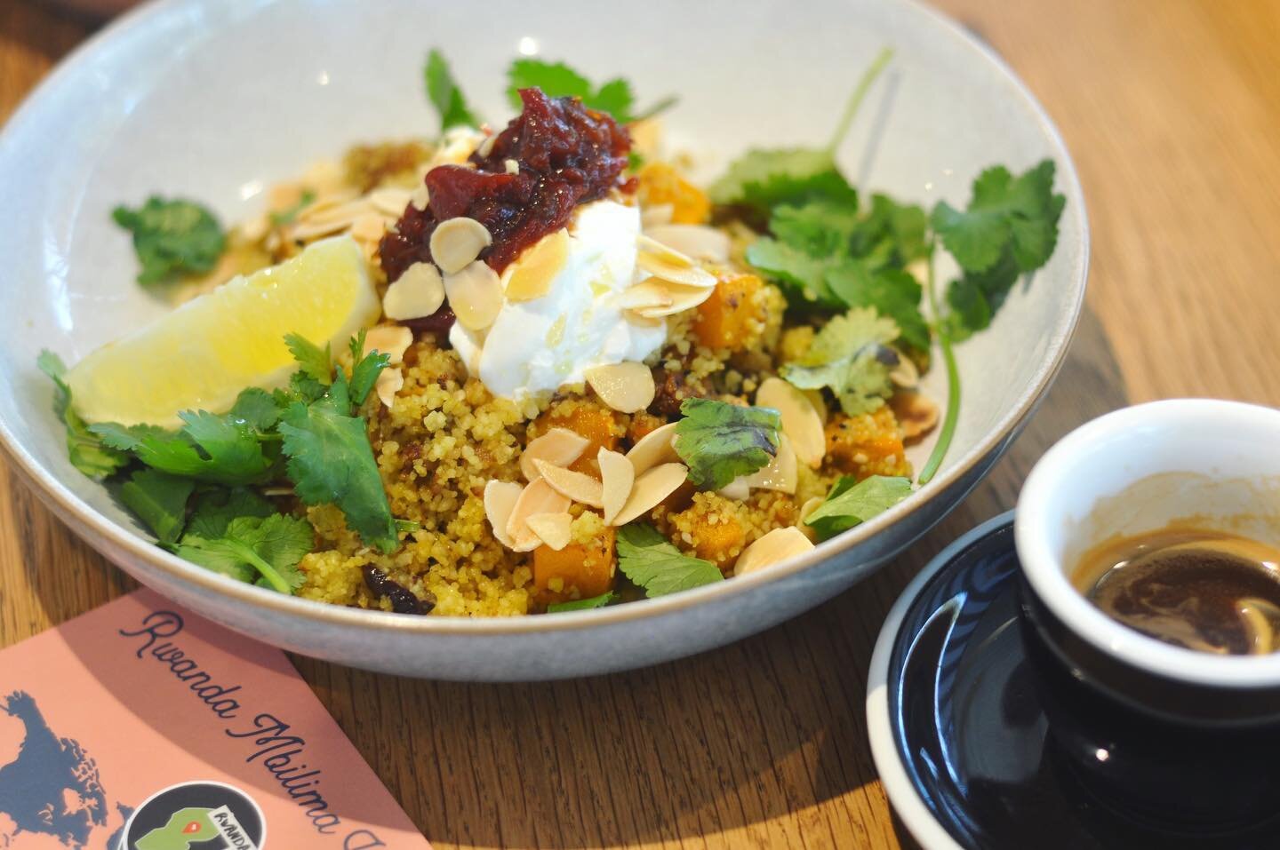 Warm Couscous &amp; Roast Pumpkin Salad - available on our all day lunch menu! 

Quite the versatile dish 🙌🏼

Moroccan couscous, roasted pumpkin, raisins, toasted almonds, Greek yoghurt w/ house made chilli jam. 

And&hellip; maybe a sneaky espress