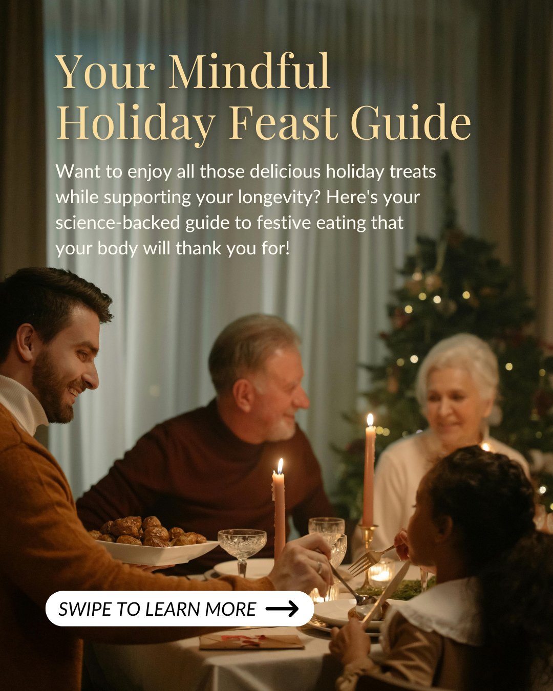 Say goodbye to post-feast regret! Here's how to enjoy your holiday favorites while nourishing your longevity journey 🌱⁠
⁠
Our bodies respond best to balanced plates. Imagine your plate as a canvas:⁠
&bull; 50% vibrant veggies (antioxidant powerhouse