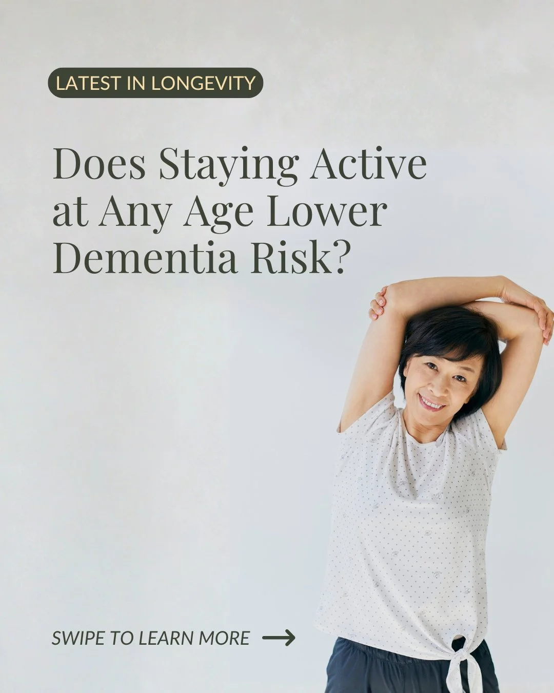 Today for the latest in longevity: a new study based on decades of Framingham Heart Study data shows that being physically active in midlife and later life is linked with a noticeably lower risk of Dementia including Alzheimer&rsquo;s disease.⁠
⁠
The