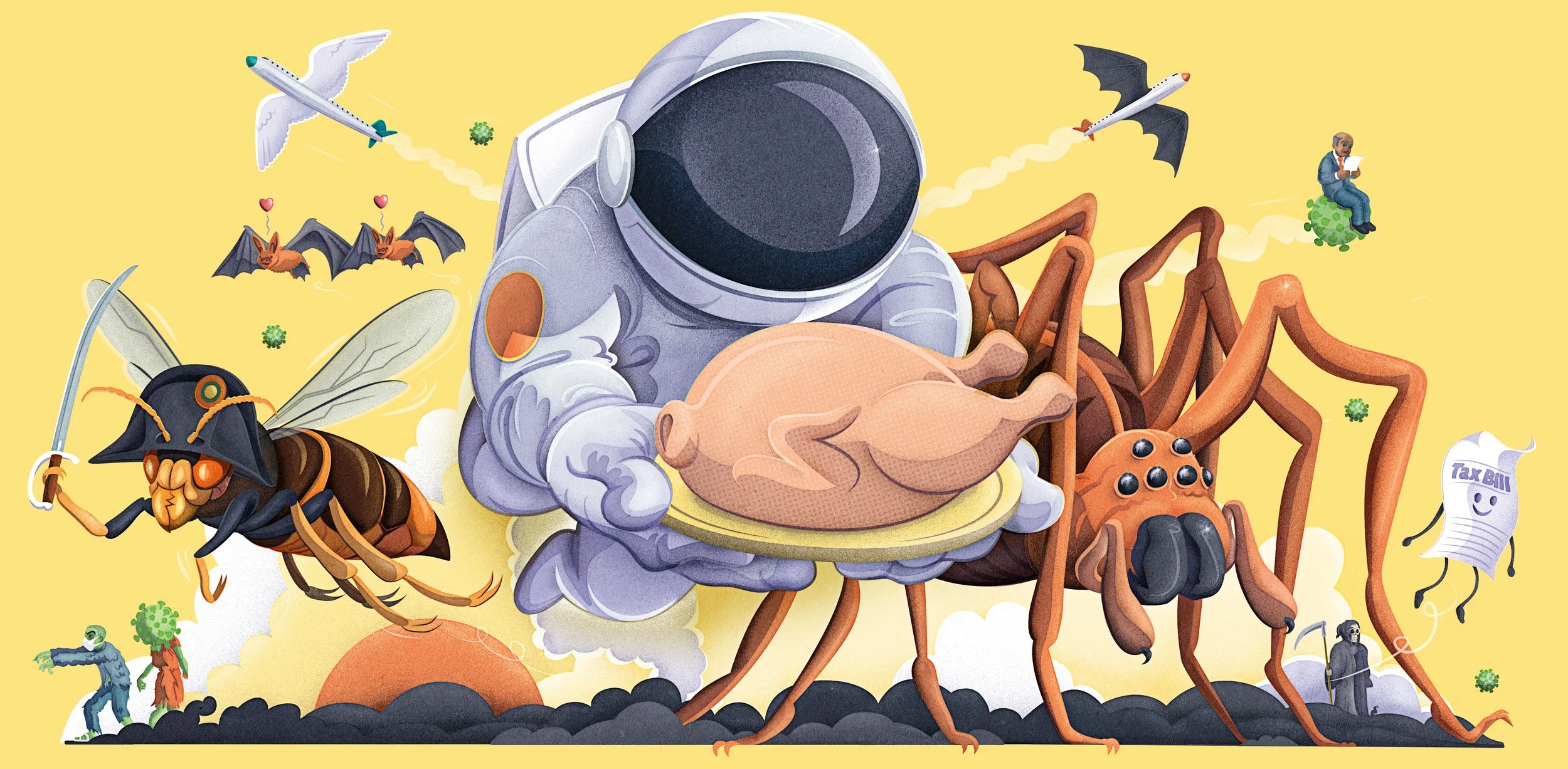 An illustration for the cover of the Xmas 2021 edition of BBC Science Focus Magazine. A Christmas science themed picture, including an astronaut Holding a turkey, A giant spider, Covid Zombies, Asian hornets and the Grim Reaper.