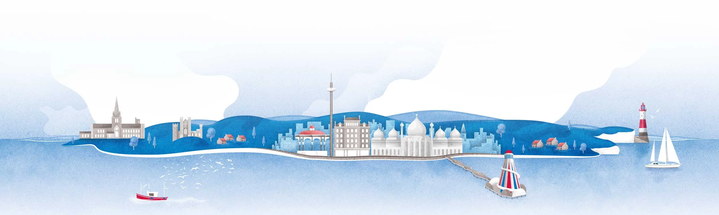 An illustration of the Brighton seafront, showing it’s main landmarks.