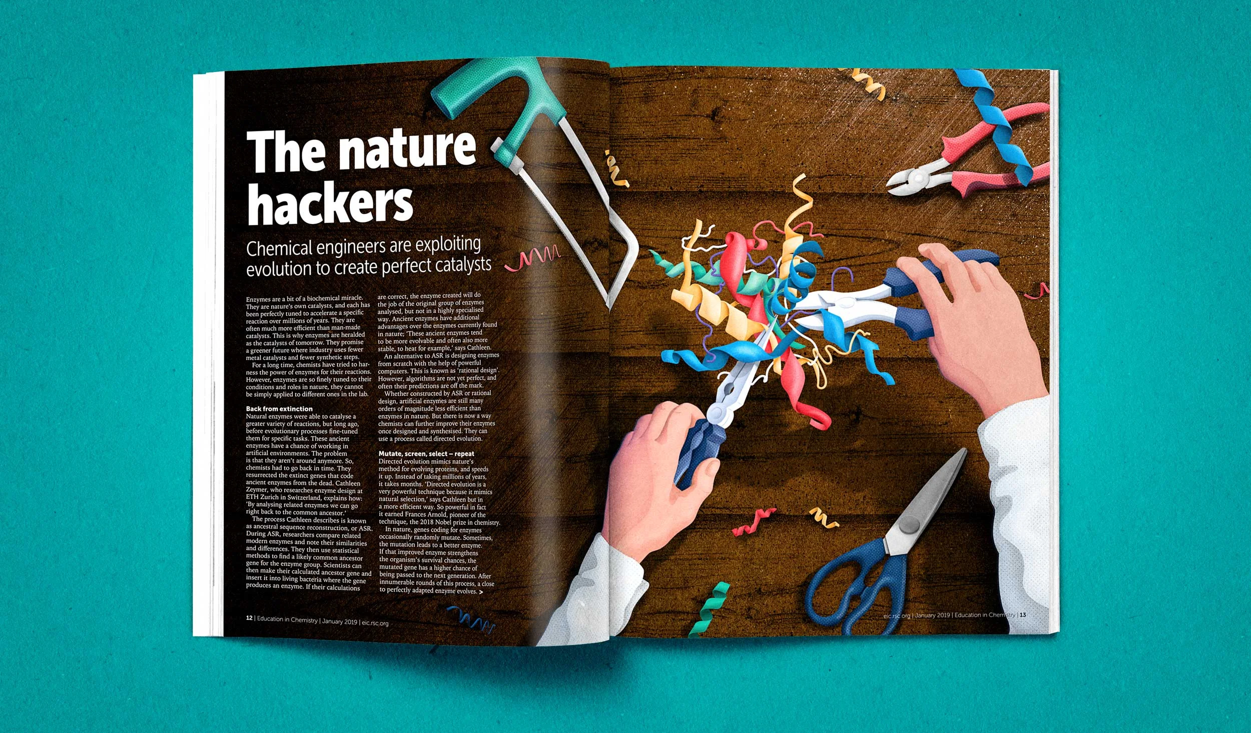 A photo of a magazine spread, the page shows and illustration showing the hands of a chemical engineer tinkering some colourful enzymes in a workshop, using pliers and scissors and a hacksaw.