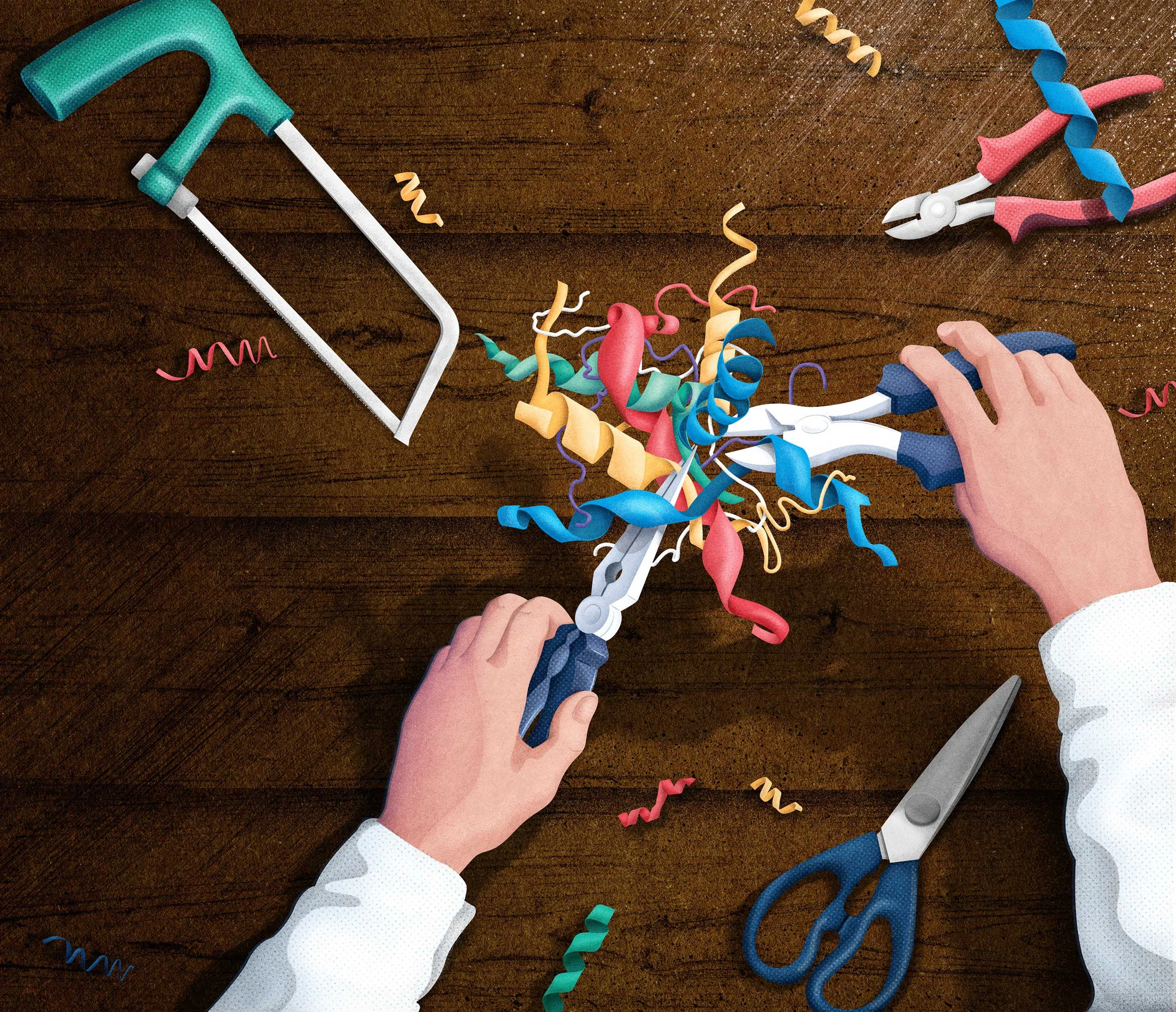 An illustration showing the hands of a chemical engineer tinkering some colourful enzymes in a workshop, using pliers and scissors and a hacksaw.