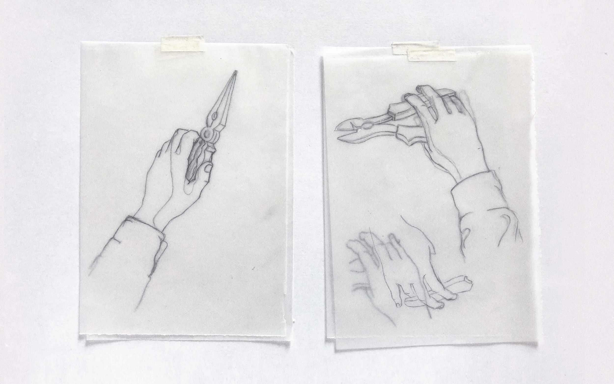 Sketches of hands using tools.