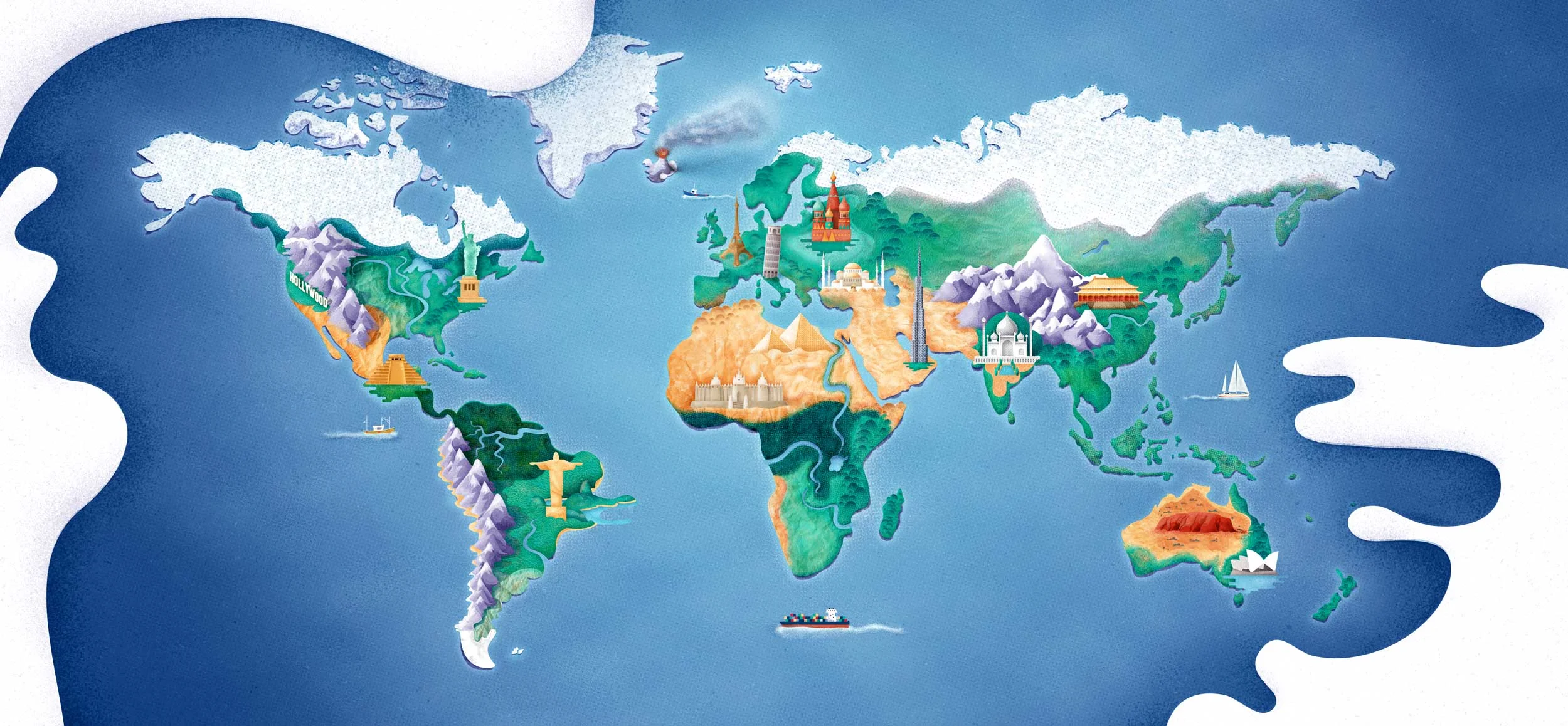 An illustrated map of the world with various landmarks highlighted. Including The State of Liberty, The Taj Mahal, The Eiffel Tower, Uluru and the Sydney opera house.
