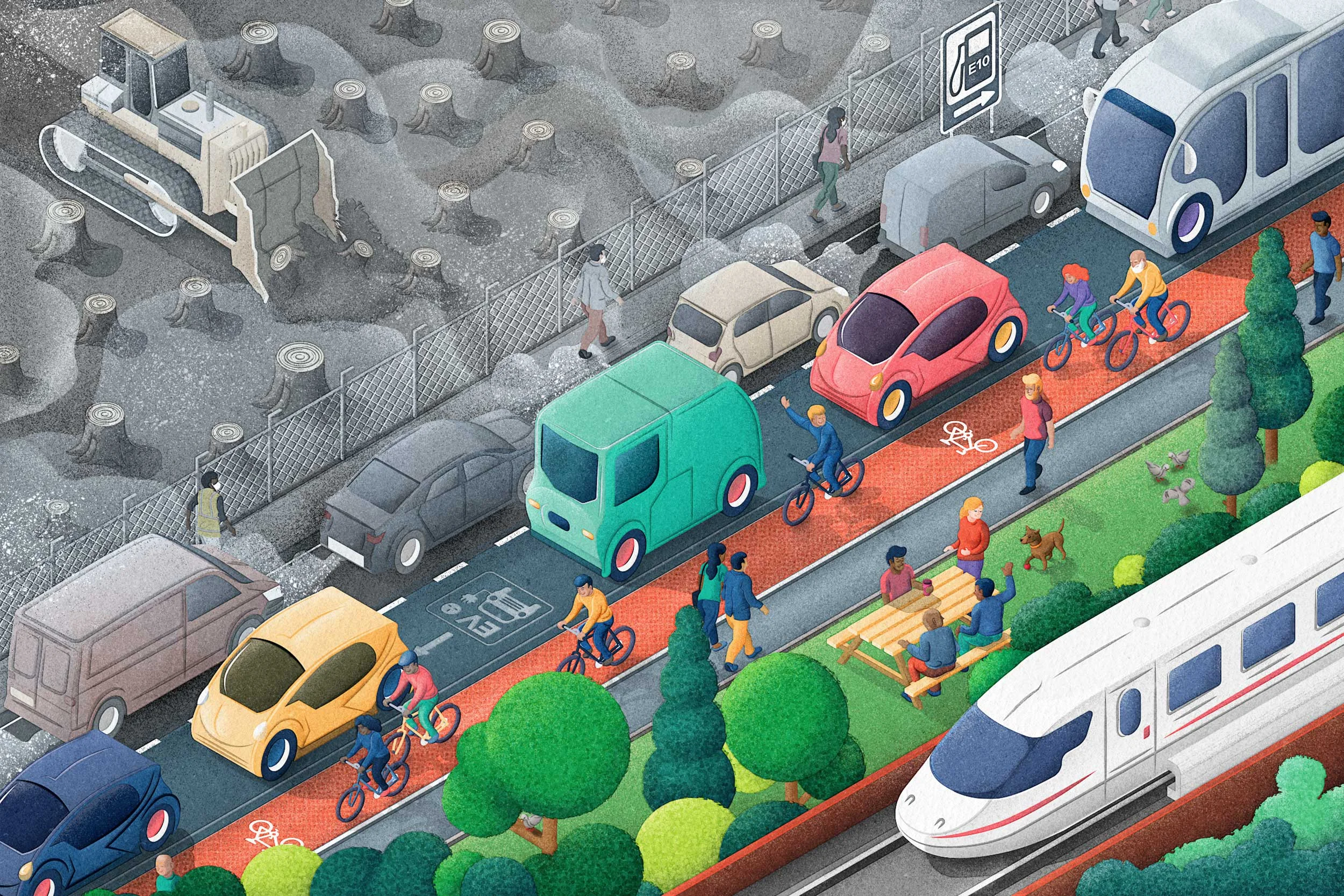 An isometric illustration showing a town scene, with contrasting areas illustrating the difference in environmental impact between electric and fossil fuel driven cars