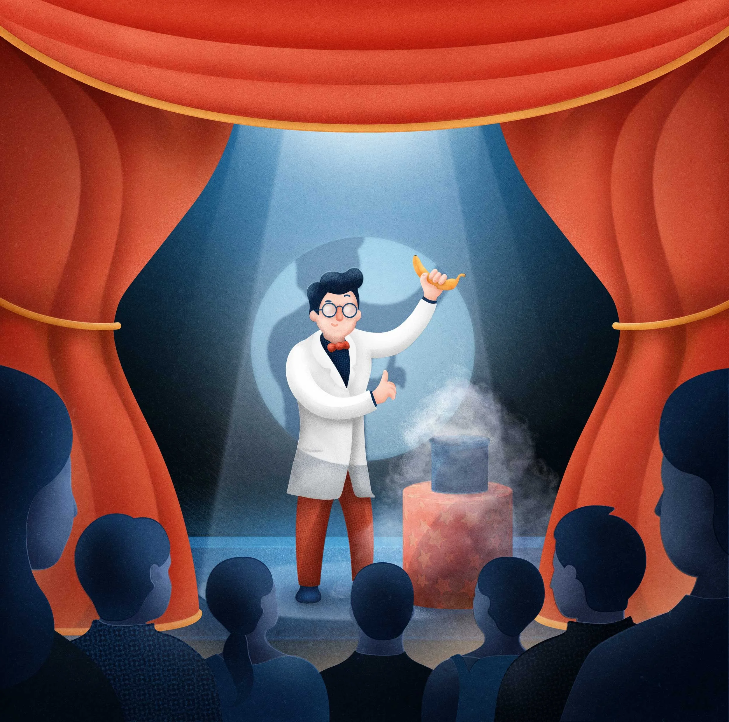 A magazine cover illustration that shows a cartoon of a science teacher on stage about to perform a chemistry magic trick, with a banana and canister of liquid nitrogen, there is an audience of schoolchildren watching him.