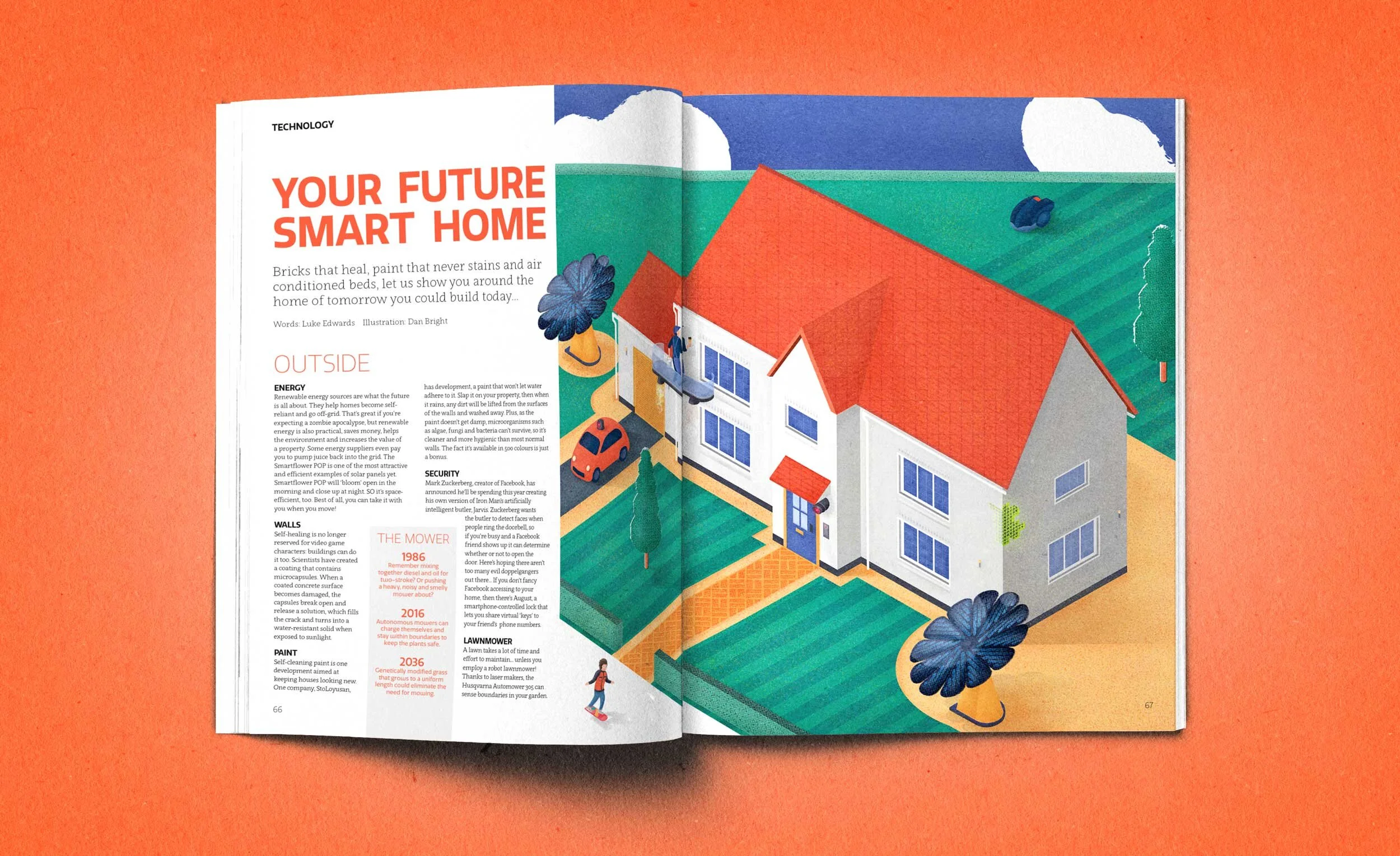 An isometric illustration of a “smart” home shown on page with text in a magazine.