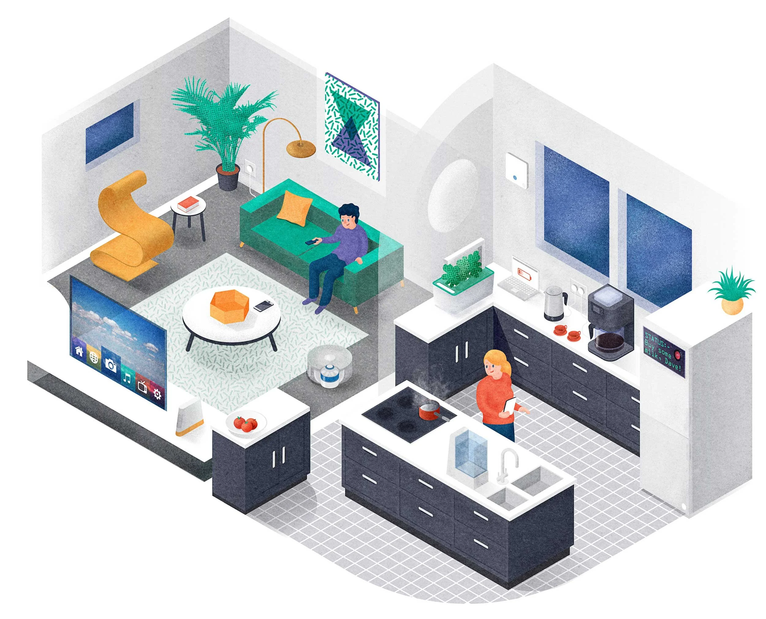 An isometric illustration of the interior living room and kitchen space of a “smart” home illustrating smart appliances in use.