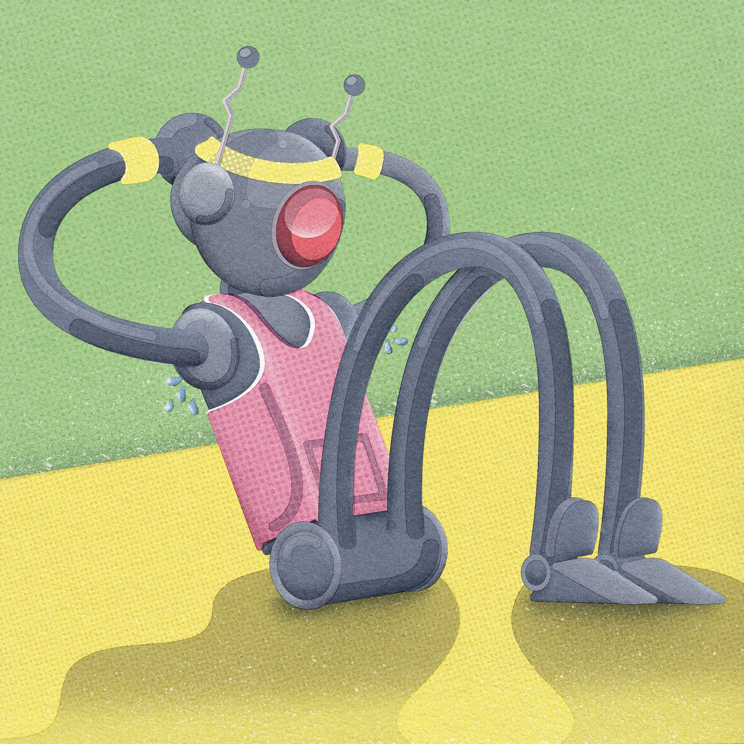 An illustration of a futuristic robot dressed in gym gear, sweating while it does some exercises.