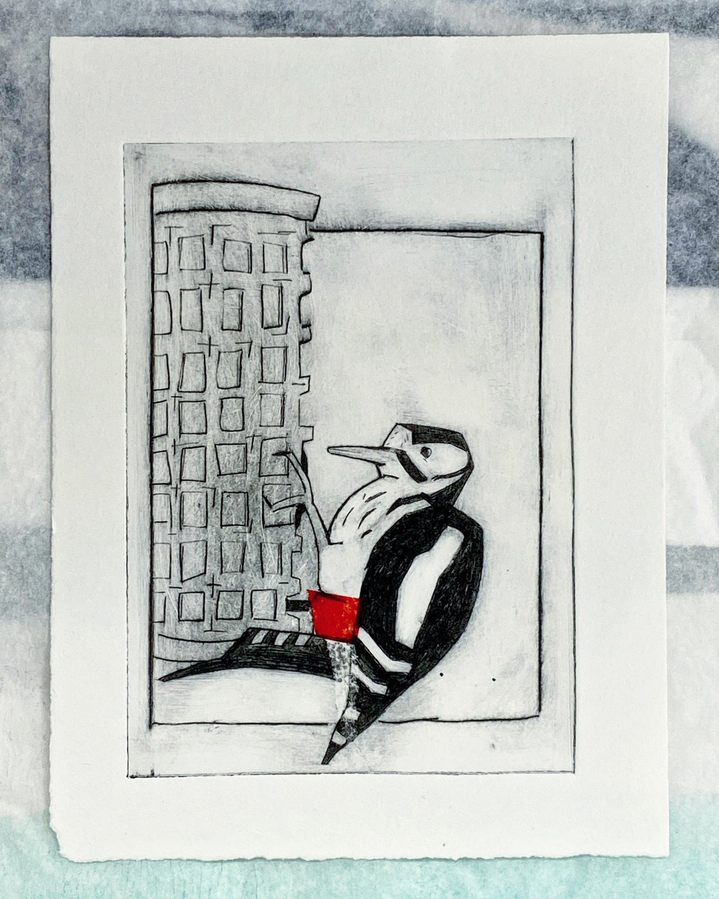 Great spotted woodpecker. Drypoint with Chine coll&eacute;. A drypoint print reworked from a sketch of one my favourite garden visitors. Created as part of my 1-year intaglio course @spikeprintstudio. Not sure I have an instinctive feel for Drypoint 