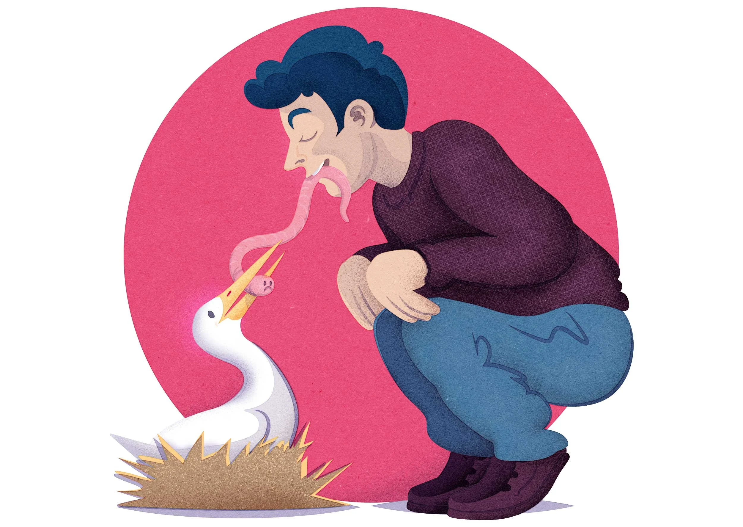 This humorous editorial cartoon show showing a man with a large worm in his mouth feeding a baby bird.