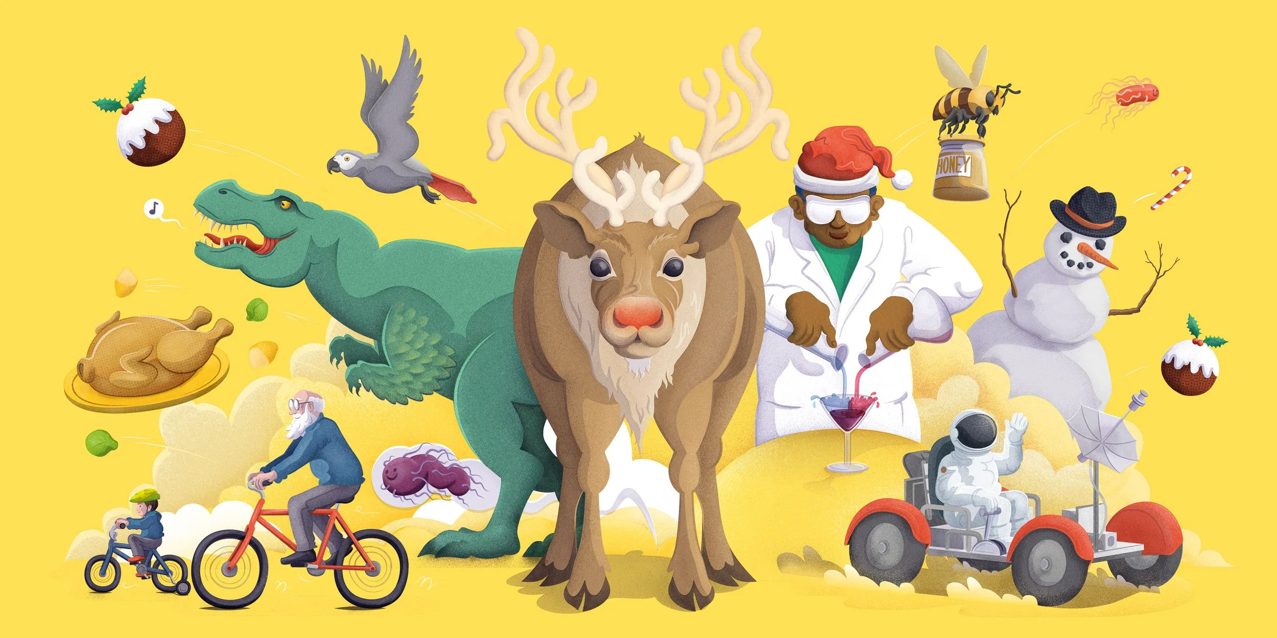 A Christmas science themed picture, including a Reindeer, a Tyrannosaurus Rex, Roast Turkey, a parrot an astronaut and a scientist in a Santa hat.