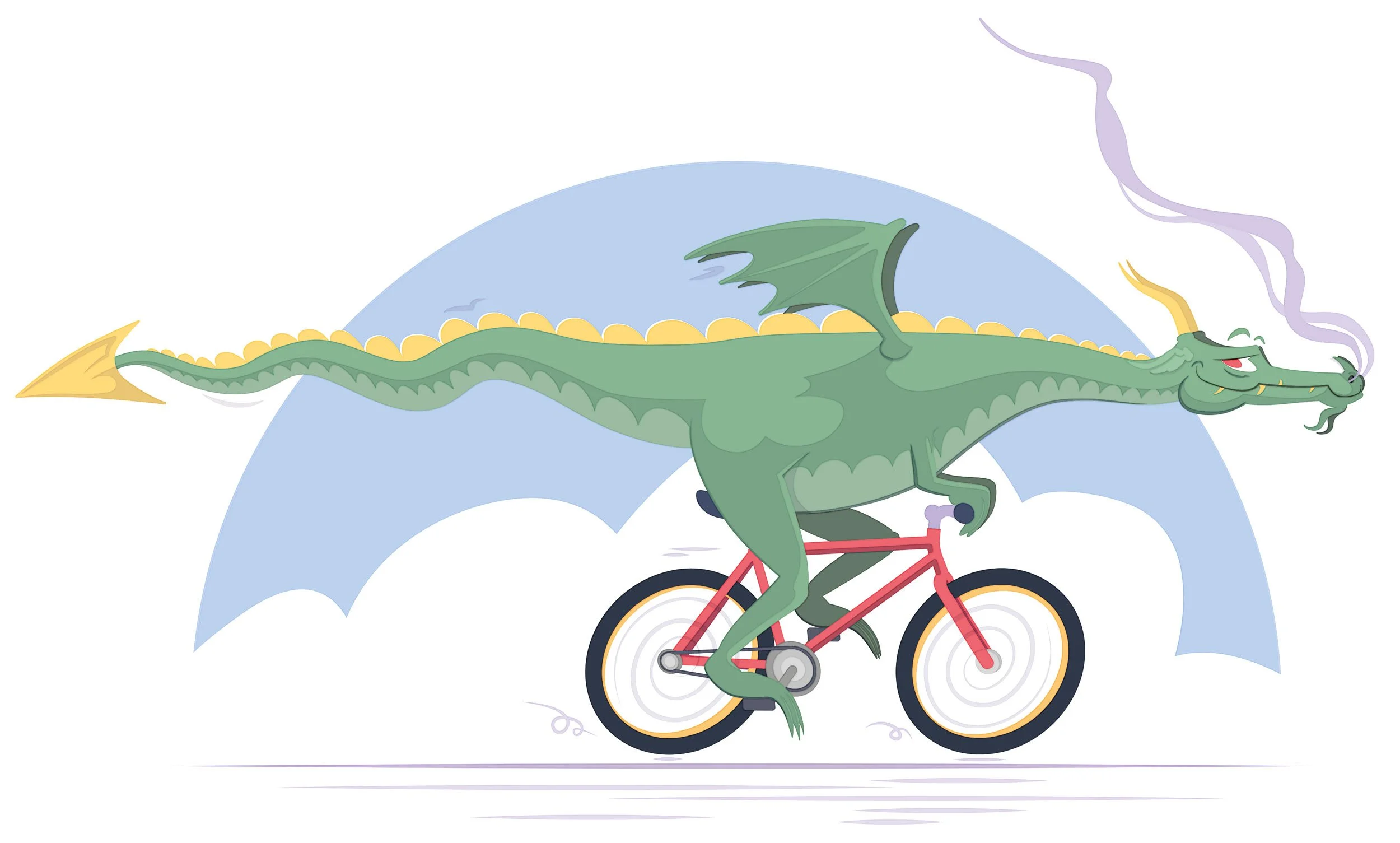 A cartoon illustration of a Dragon riding a red bicycle. The Dragon is green with yellow horns and small wings, smoke is escaping for his nostrils he looks quite happy. Where is he off to in such a hurry? One day we may find out!