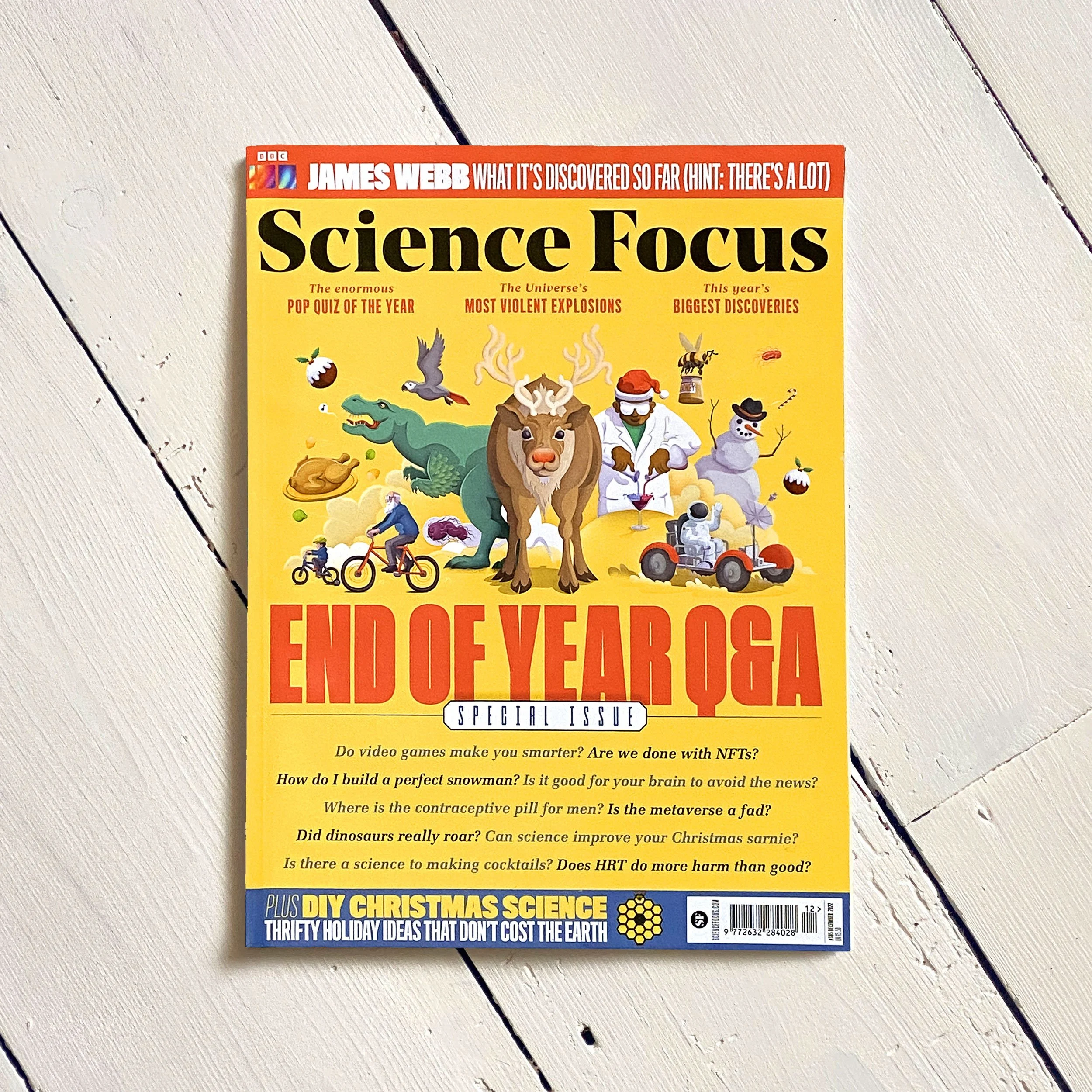 A photograph of the cover of the Xmas 2022 edition of BBC Science Focus Magazine, showing my Christmas science illustration.