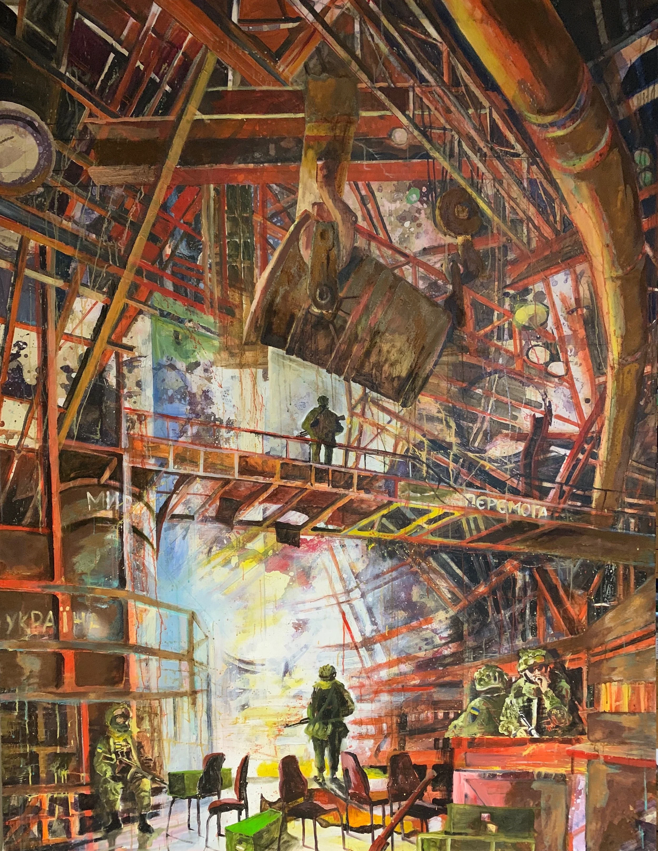 Reiner Binsch - "Mariupol - In the Steel Mill“, 190 x 130 cm, Oil on Canvas, 2022" - Germany