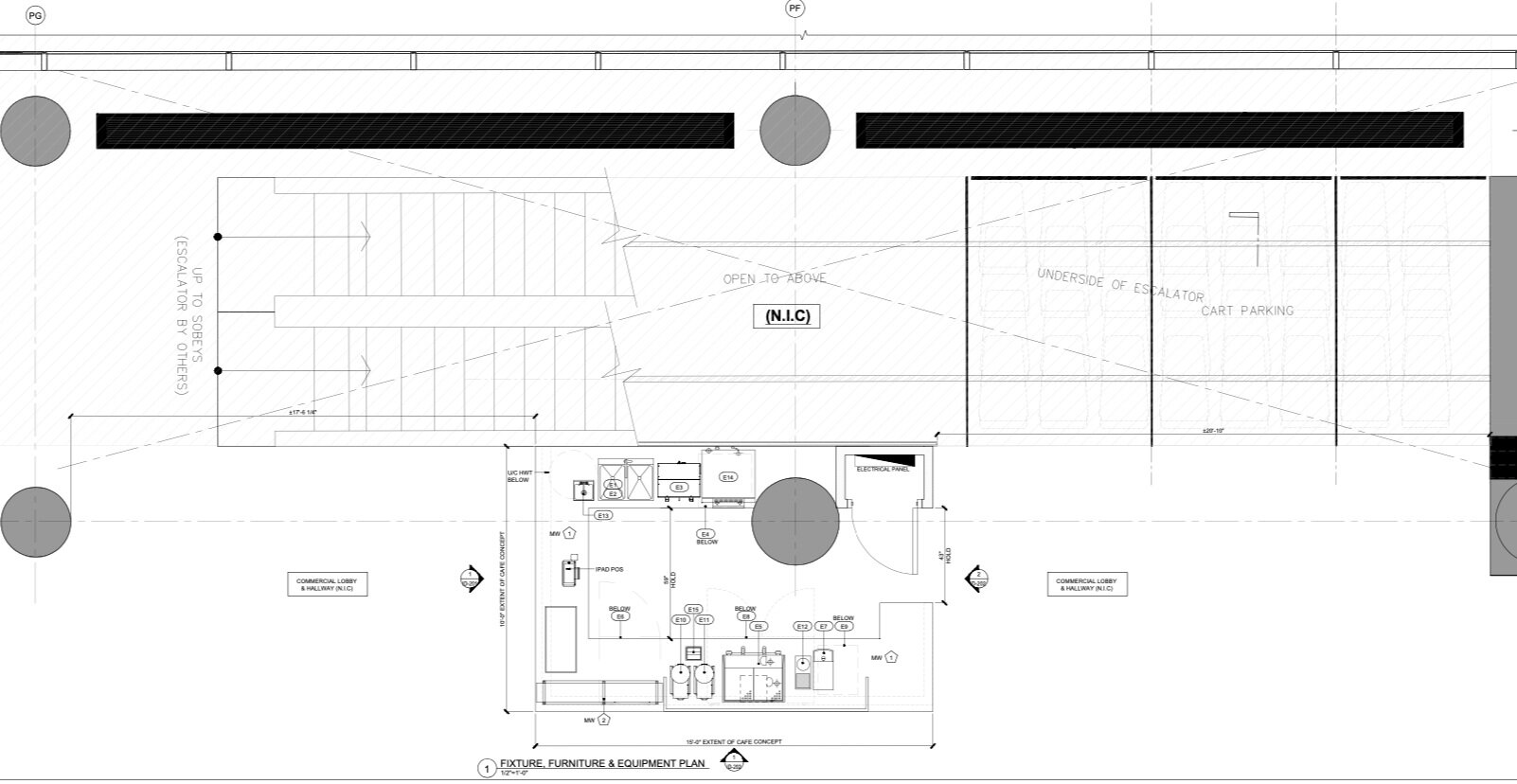 Architectural fixture, furniture, and equipment floor plan for a café buildout, the type of permit-ready construction drawing required for City of Toronto building permit approval
