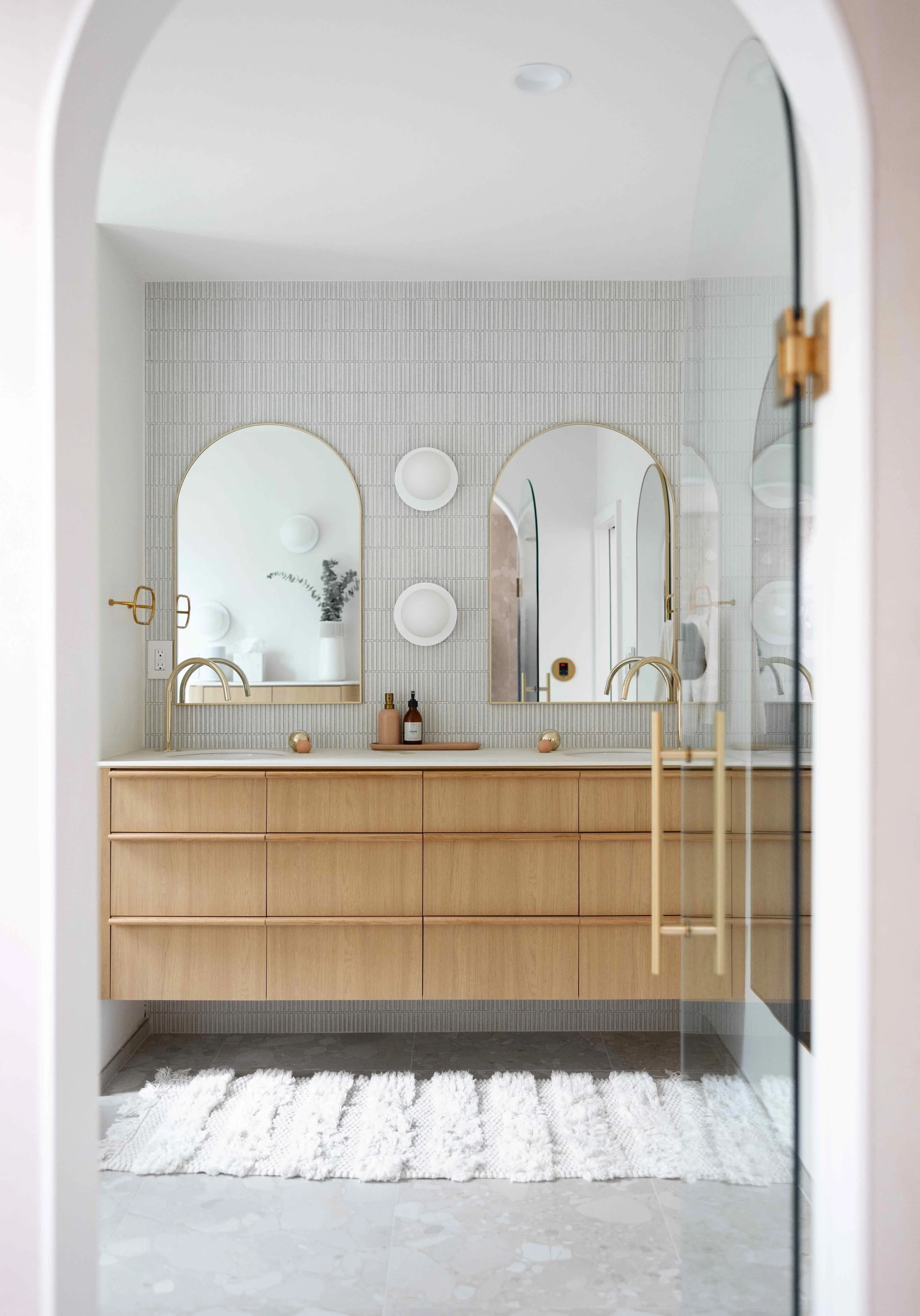 Custom double vanity with small tile