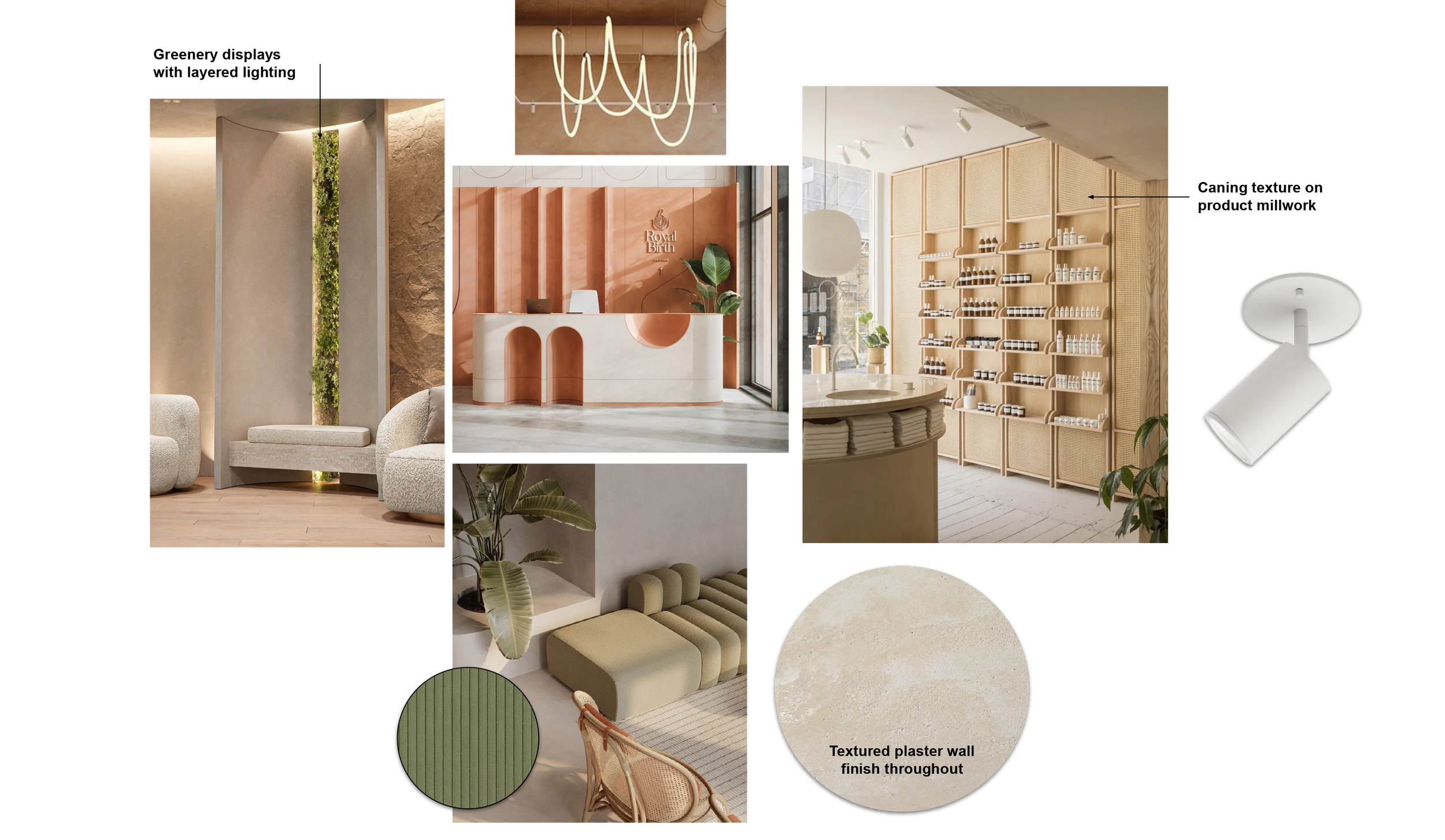 Architectural mood board for Aliso Dermatology highlighting organic plaster textures, custom rattan shelving inspiration, and modern lighting fixtures.
