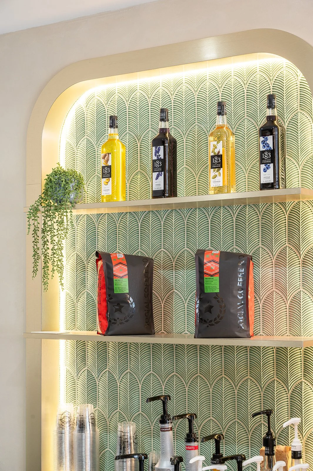 Illuminated arched cafe shelving with green leaf-patterned tiles displaying coffee bean bags, premium flavor syrups, and a cascading potted plant.